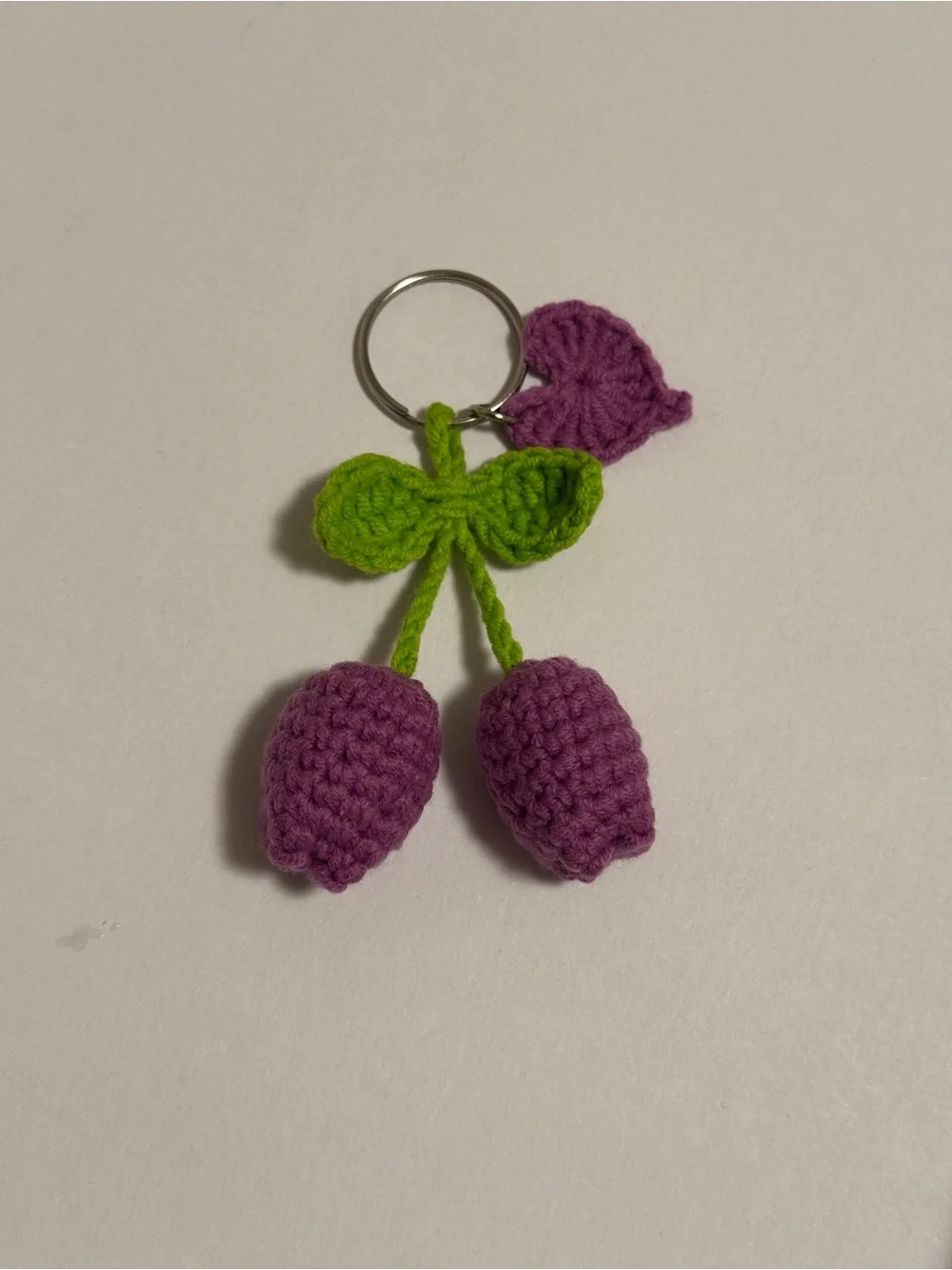 Handmade Crochet Cherry Keychain in Purple and Lime Green